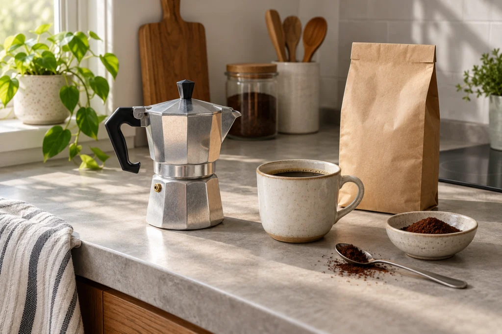 Pochi accessori essenziali per il caffè ordinati su un piccolo piano domestico.