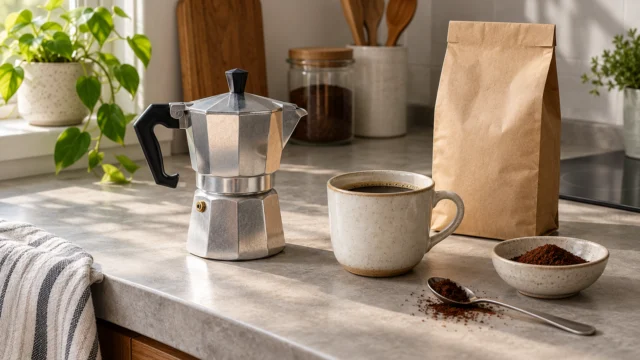 Pochi accessori essenziali per il caffè ordinati su un piccolo piano domestico.