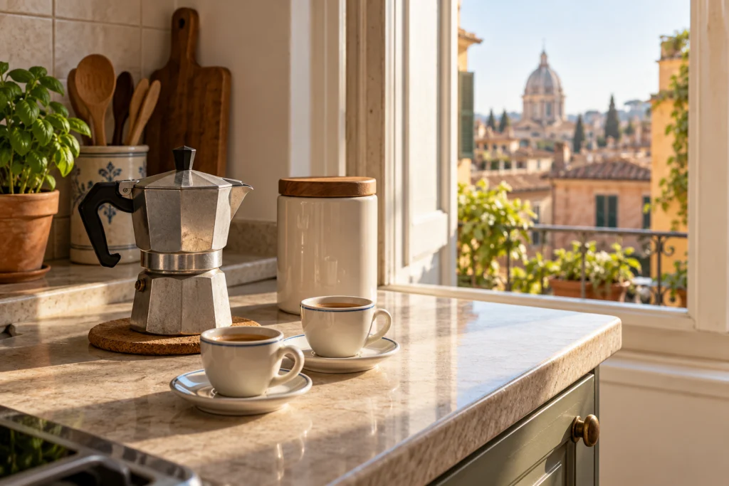 Angolo caffè domestico con moka, tazzine e barattolo chiuso su un piano ordinato.