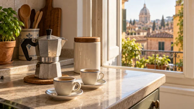 Angolo caffè domestico con moka, tazzine e barattolo chiuso su un piano ordinato.