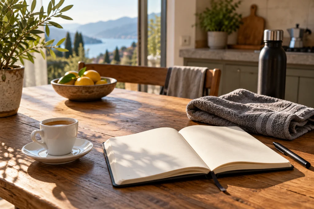 Tazzina di caffè accanto a un quaderno di osservazioni e a una borsa sportiva.