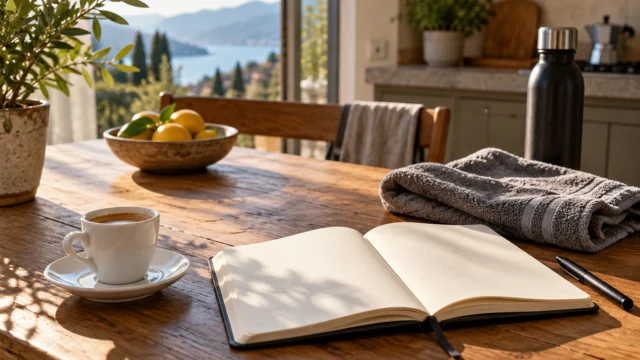 Tazzina di caffè accanto a un quaderno di osservazioni e a una borsa sportiva.
