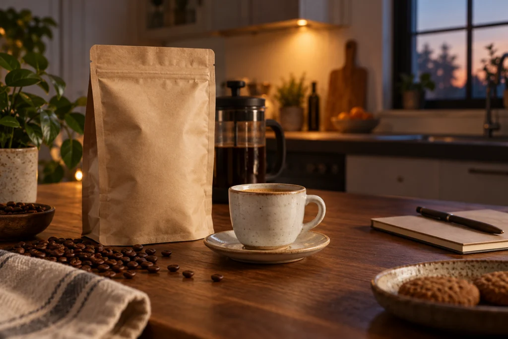 Confezione neutra di decaffeinato e una tazzina su un tavolo da cucina.