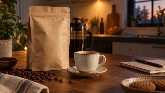 Confezione neutra di decaffeinato e una tazzina su un tavolo da cucina.