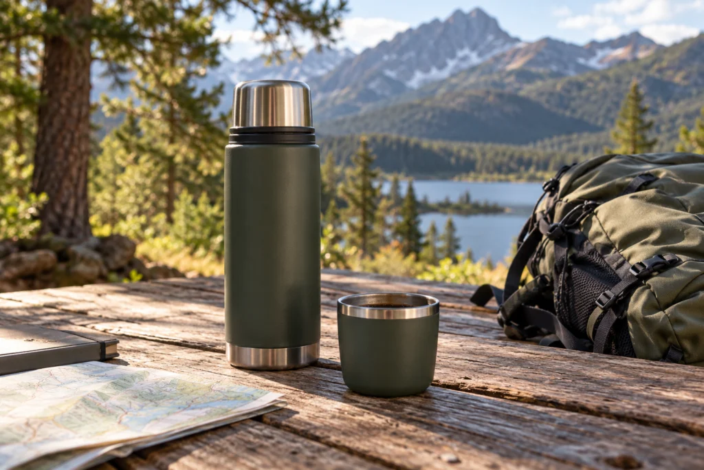 Thermos da caffè e tazzina da viaggio su un tavolo da picnic in una giornata tranquilla.