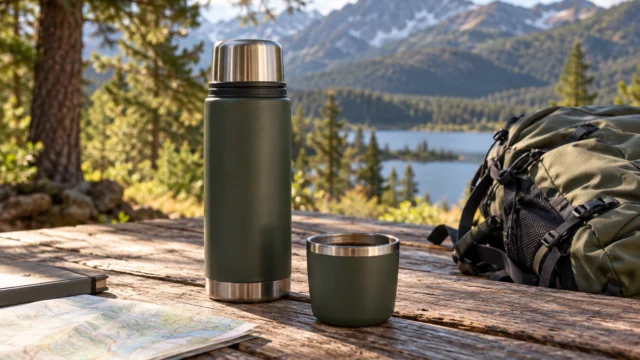 Thermos da caffè e tazzina da viaggio su un tavolo da picnic in una giornata tranquilla.