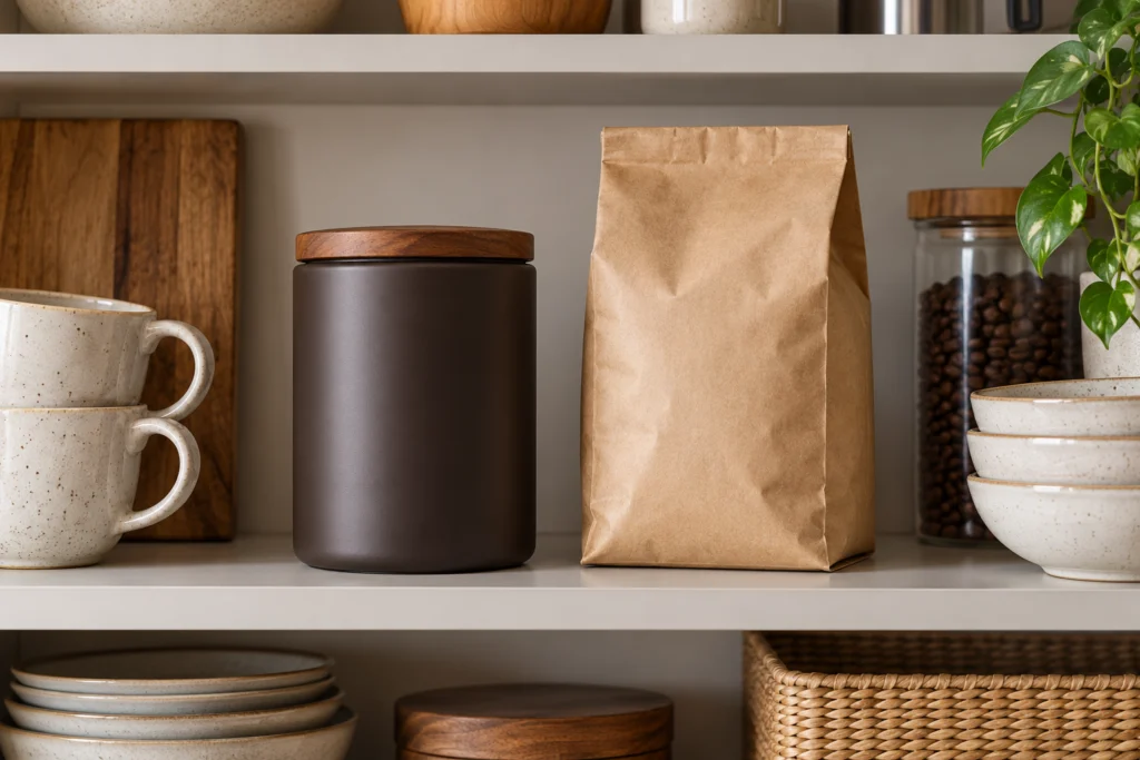 Barattolo opaco chiuso e confezione di caffè riposta in un mobile asciutto.