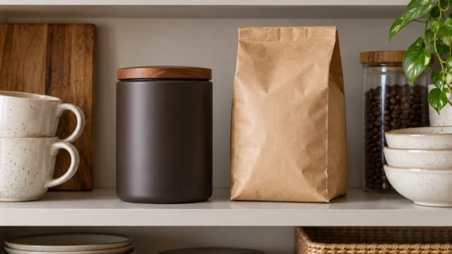 Barattolo opaco chiuso e confezione di caffè riposta in un mobile asciutto.