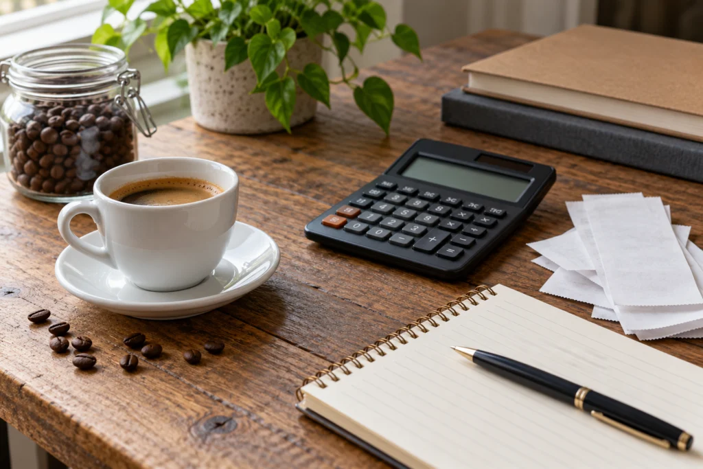 Scontrini senza dati leggibili, una tazzina e un quaderno per il costo del caffè domestico.