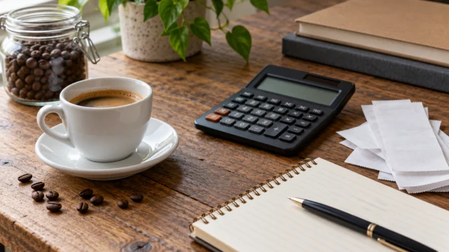 Scontrini senza dati leggibili, una tazzina e un quaderno per il costo del caffè domestico.