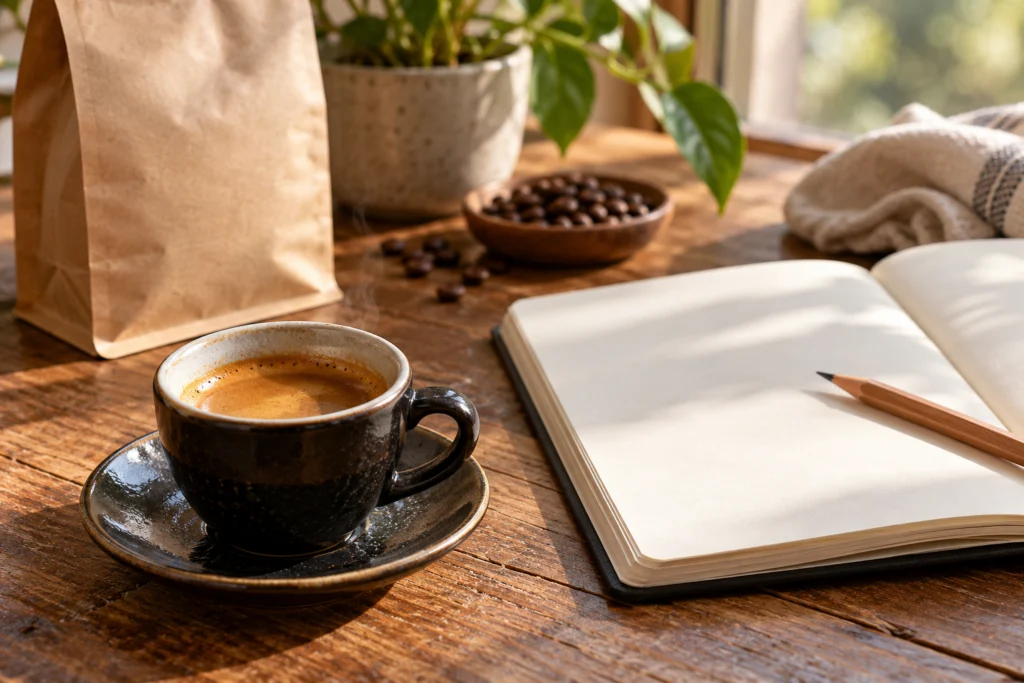 Tazzina di caffè e quaderno aperto per annotare impressioni personali di degustazione.