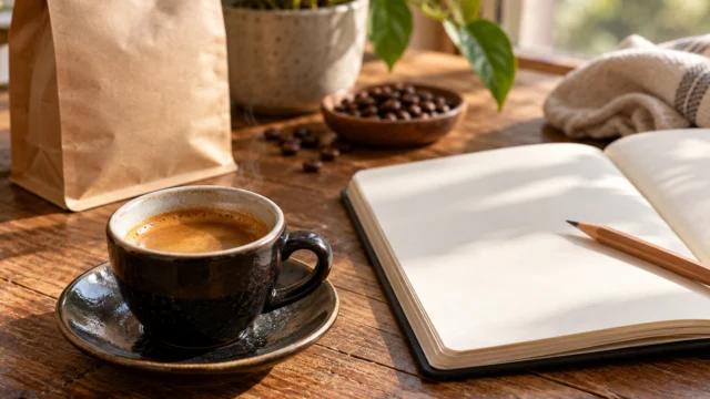 Tazzina di caffè e quaderno aperto per annotare impressioni personali di degustazione.