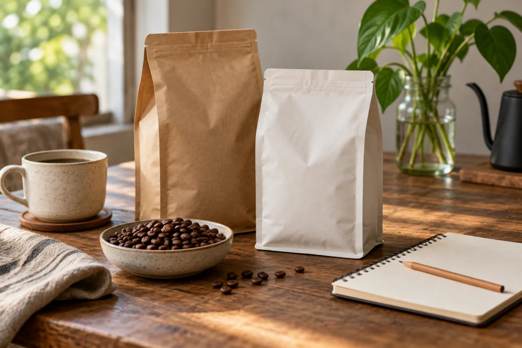 Confezioni neutre di caffè accanto a chicchi e a un quaderno per il confronto delle etichette.
