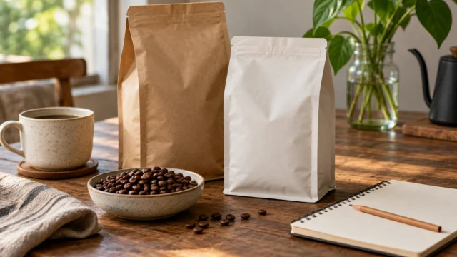 Confezioni neutre di caffè accanto a chicchi e a un quaderno per il confronto delle etichette.