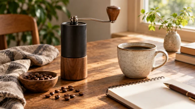 Macinacaffè domestico, chicchi e un quaderno di prove accanto a una tazza.
