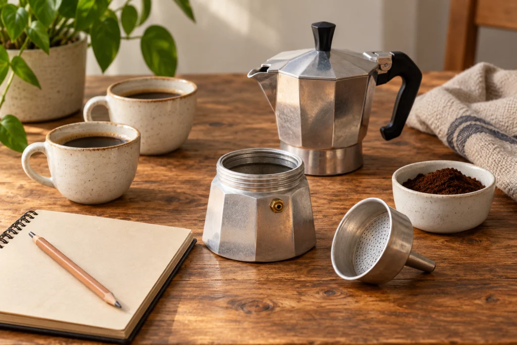Accessori da caffè puliti e ordinati con un quaderno per la manutenzione domestica.