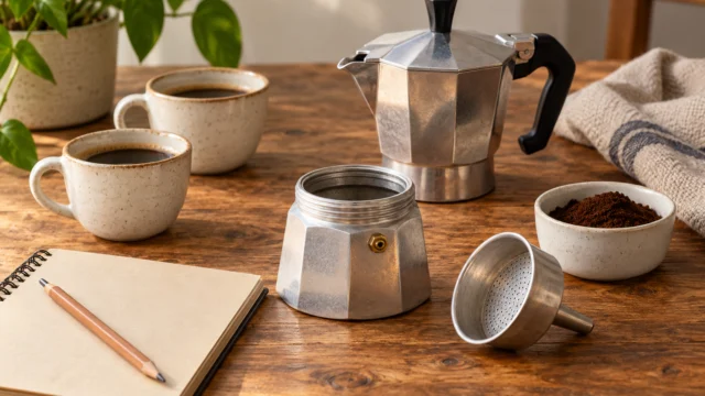 Accessori da caffè puliti e ordinati con un quaderno per la manutenzione domestica.