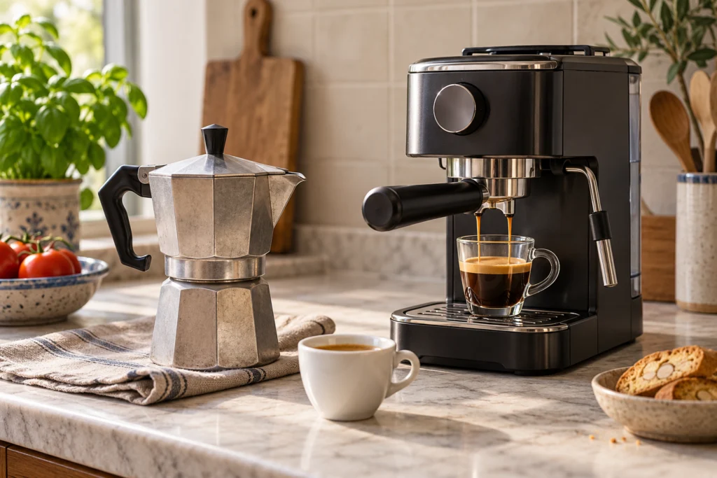 Moka e macchina espresso compatta affiancate su un piano cucina semplice.