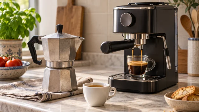 Moka e macchina espresso compatta affiancate su un piano cucina semplice.