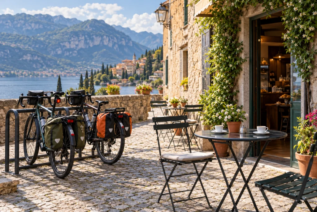 Biciclette fissate in una zona dedicata vicino a un piccolo bar con tavolini all’aperto.