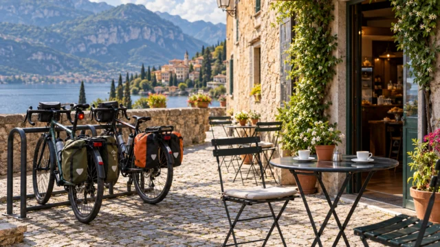 Biciclette fissate in una zona dedicata vicino a un piccolo bar con tavolini all’aperto.