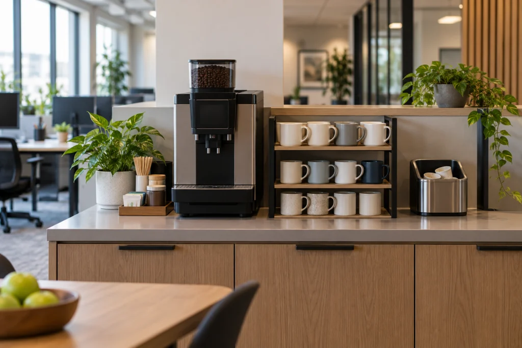 Area caffè condivisa in un ufficio con tazze ordinate e un piano libero.