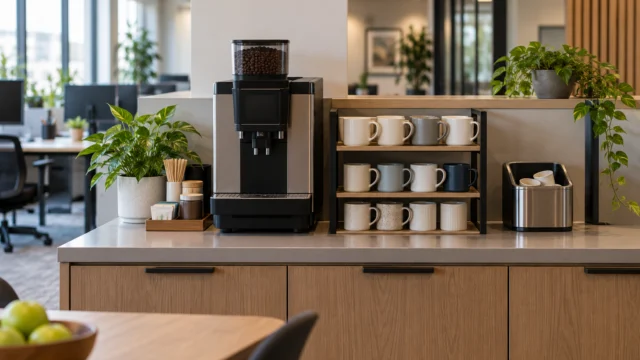 Area caffè condivisa in un ufficio con tazze ordinate e un piano libero.