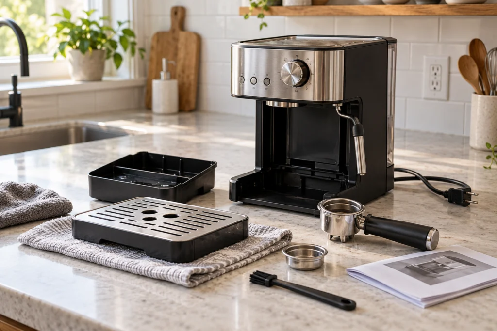 Manutenzione ordinata di una macchina espresso spenta, con componenti rimovibili e manuale.