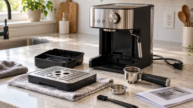 Manutenzione ordinata di una macchina espresso spenta, con componenti rimovibili e manuale.