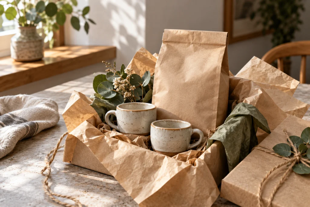 Regalo sobrio con confezione di caffè e due tazzine, senza marchi o messaggi commerciali.