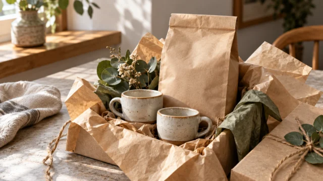 Regalo sobrio con confezione di caffè e due tazzine, senza marchi o messaggi commerciali.