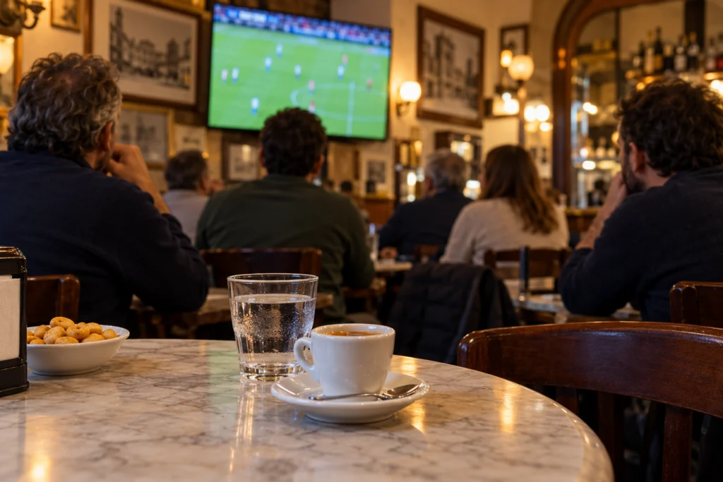 Tavolo di un bar con caffè e acqua durante una partita sullo schermo sfocato.