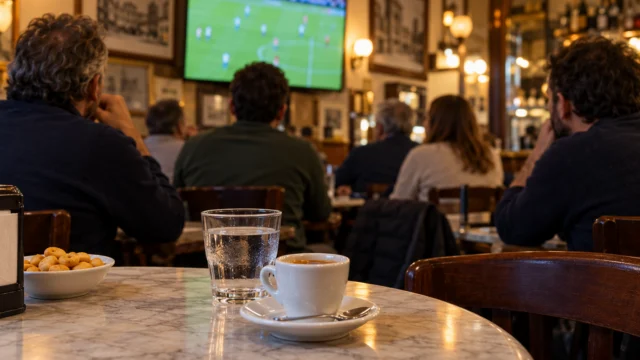 Tavolo di un bar con caffè e acqua durante una partita sullo schermo sfocato.