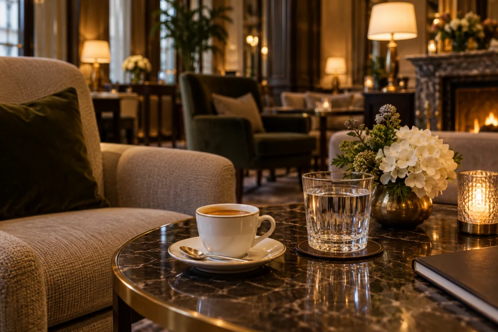 Caffè e acqua su un tavolino elegante in una zona bar tranquilla, senza giochi visibili.
