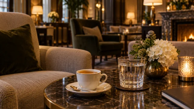 Caffè e acqua su un tavolino elegante in una zona bar tranquilla, senza giochi visibili.