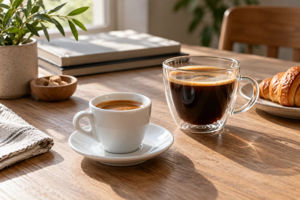 Tazzina in porcellana e bicchierino di vetro con caffè su un tavolo da degustazione.