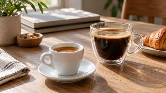 Tazzina in porcellana e bicchierino di vetro con caffè su un tavolo da degustazione.